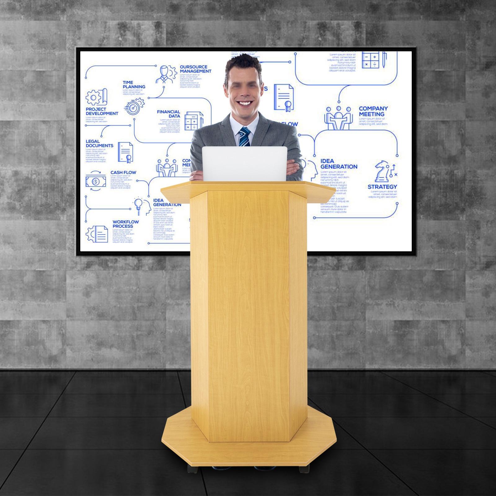 Modern Oak-Colored Wooden Lectern, Adjustable Presentation Stand for Classroom, Mobile Podium with Wheels, 30kg Load Capacity