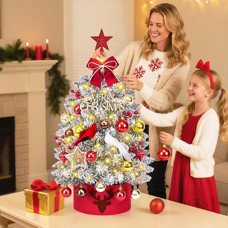 Mini Christmas Tree Set with Pinecones Red Ribbon Star Top Classic Holiday Decoration for Thanksgiving Christmas New Year  Decor