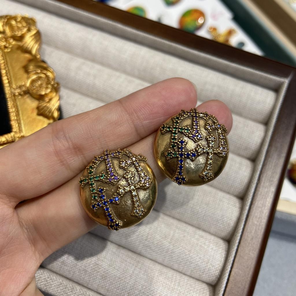Vintage Medieval Earrings Women'S Russian Gold Inlaid With Colored Diamonds Hemisphere Cross Earrings Atmospheric High-End Earrings