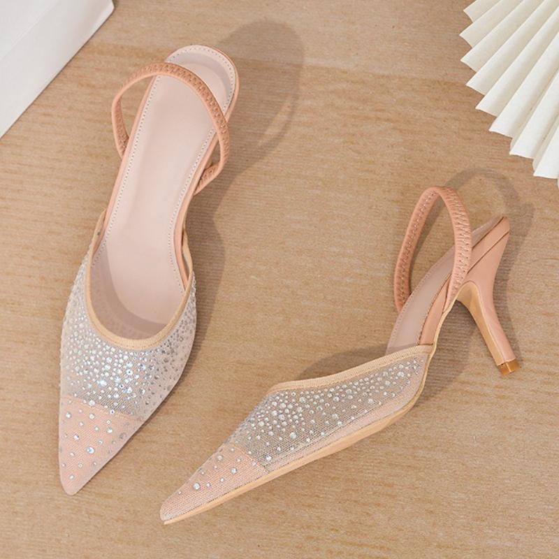 Sandale de Lux Strălucitoare cu Strass Femei Vară Sexy Plasă Vârf Ascuțit Slingbacks Toc Subțire Înalt Pantofi Eleganti pentru Petrecere