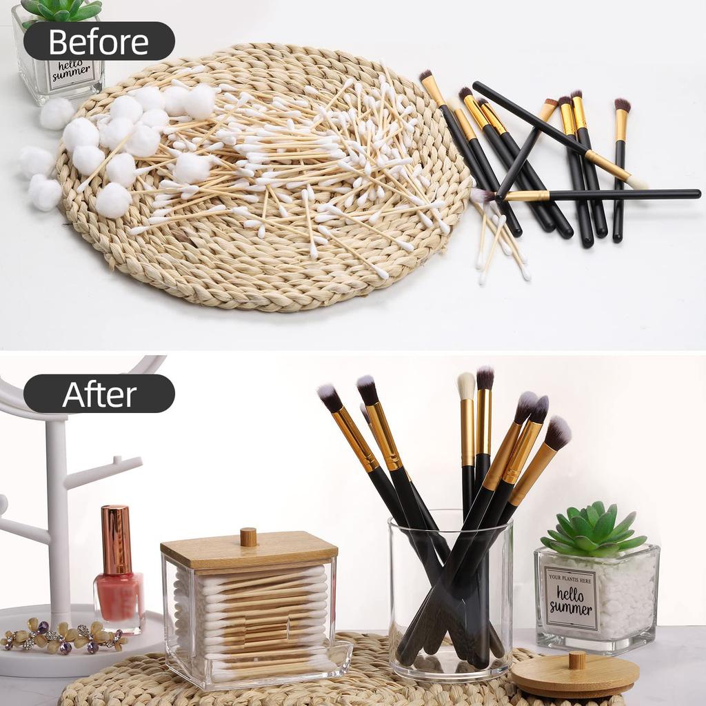 2pcs Bathroom Container with Wood Lids, 10 OZ, 7 OZ Cotton Ball/Swabs Dispenser, Apothecary Organizer Jar for Storage