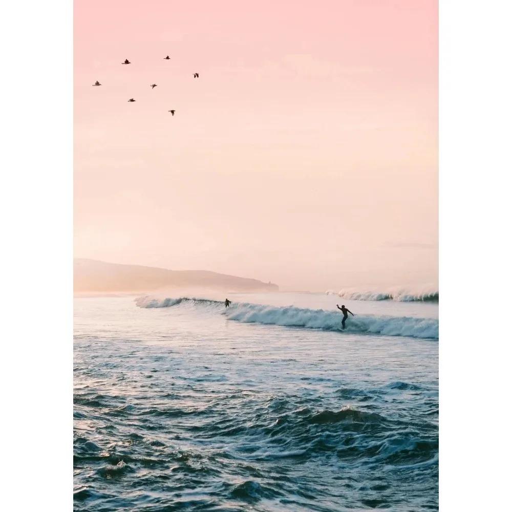Pink Beach Ocean Artwork Poster Canvas Printing Surf Coconut Tree Nordic Wall Art Living Room Bedroom Home Decor