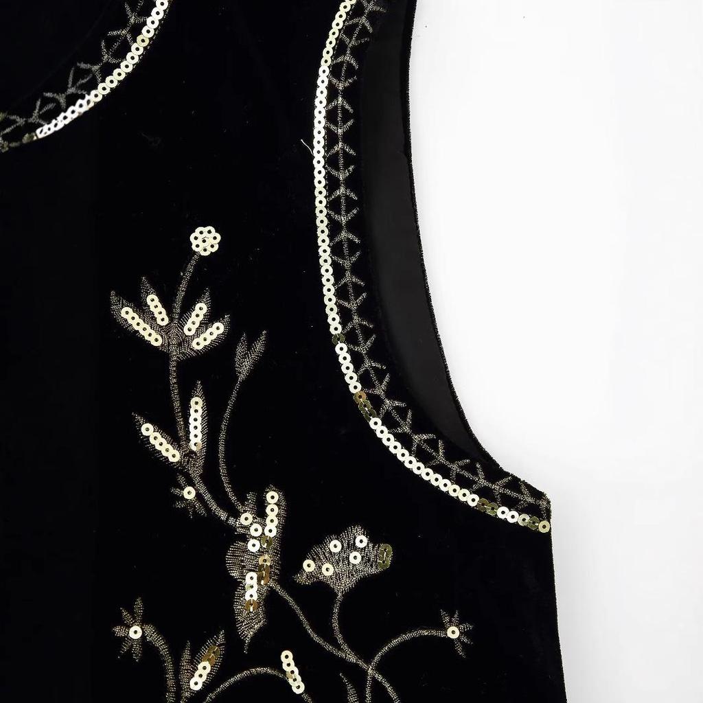 2024 Autumn Velvet Sequin Embroidered Sleeveless Open-front Women's Vest