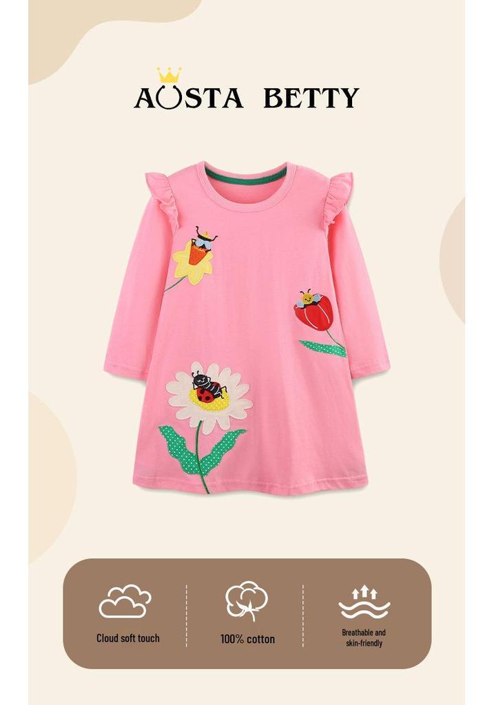 Europäischer Herbst-Langarm-Prinzessinnenkleid für Mädchen mit Fledermausärmeln und modischer Applikation