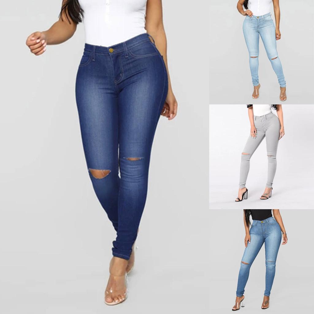 Womens Hole Button Zipper Pocket Jeans Casual Denim Flares Wide Leg Slim Pants