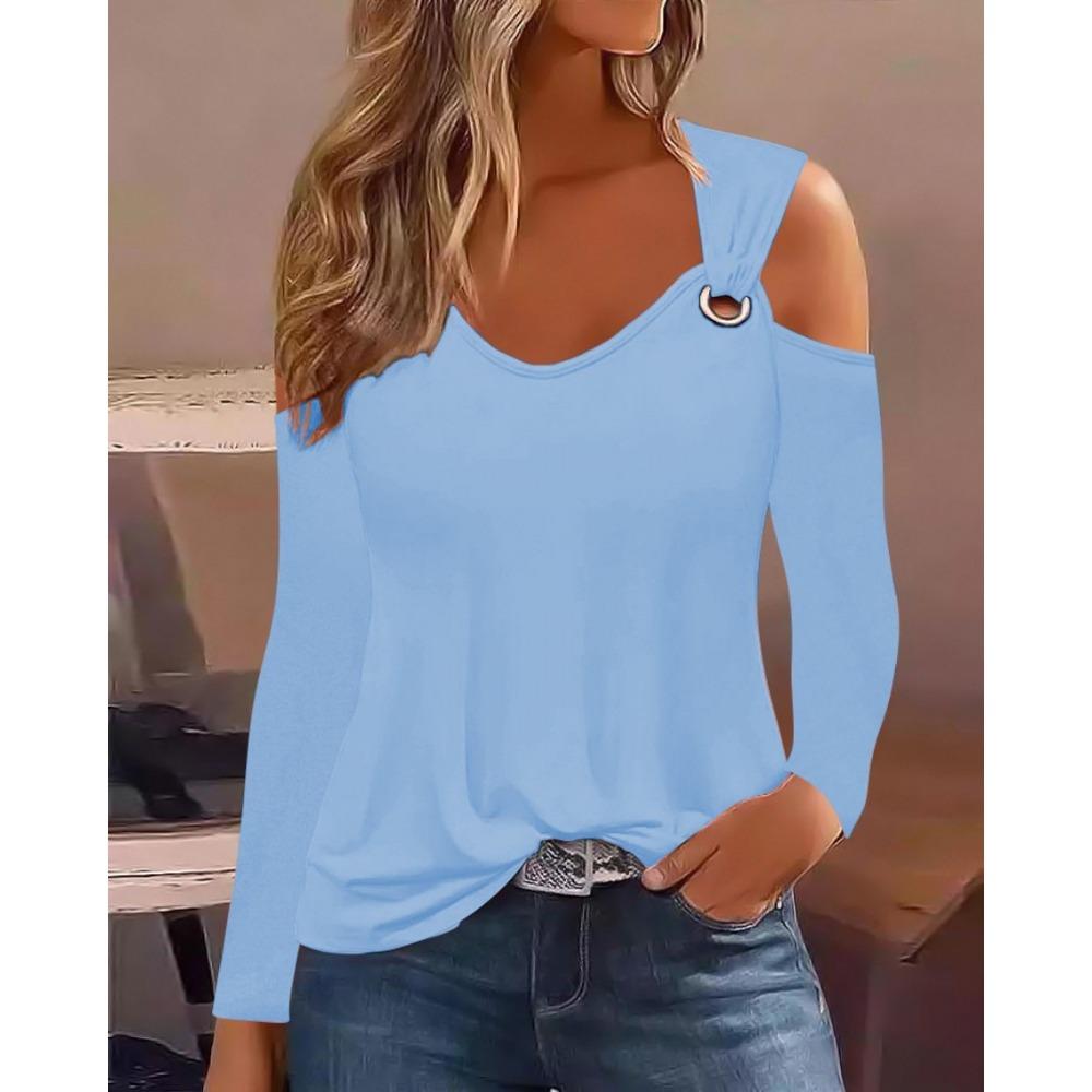 IHUASU Autumn Simple Metal Button V-neck Blouse Blouse Women's O-Neck