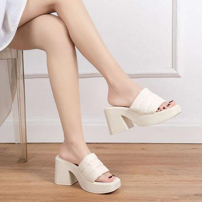 2025 Summer New Women's High-heeled Waterproof Table Thick-soled Thick-heeled Cool Slippers Women's Ins Trendy Outer Wear One-word Slippers