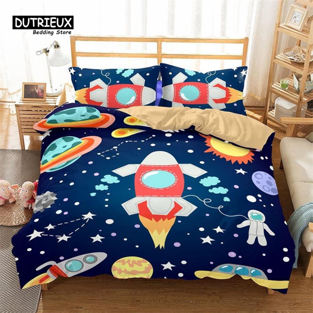 Cartoon Astronaut Duvet Cover King For Boys Girl Galaxy Space Bedding Set Microfiber Rocket Ship Space Adventure Comforter Cover