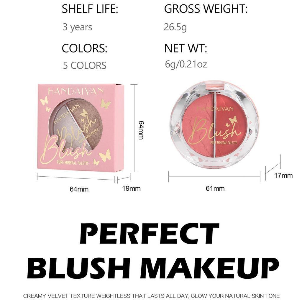 5pcs Dual-Color Blush Palette Set, Pure Mineral Powder Duo Blusher, Natural Matte and Shimmer Face Makeup, Long-Lasting Cheek Blush Compact for Women
