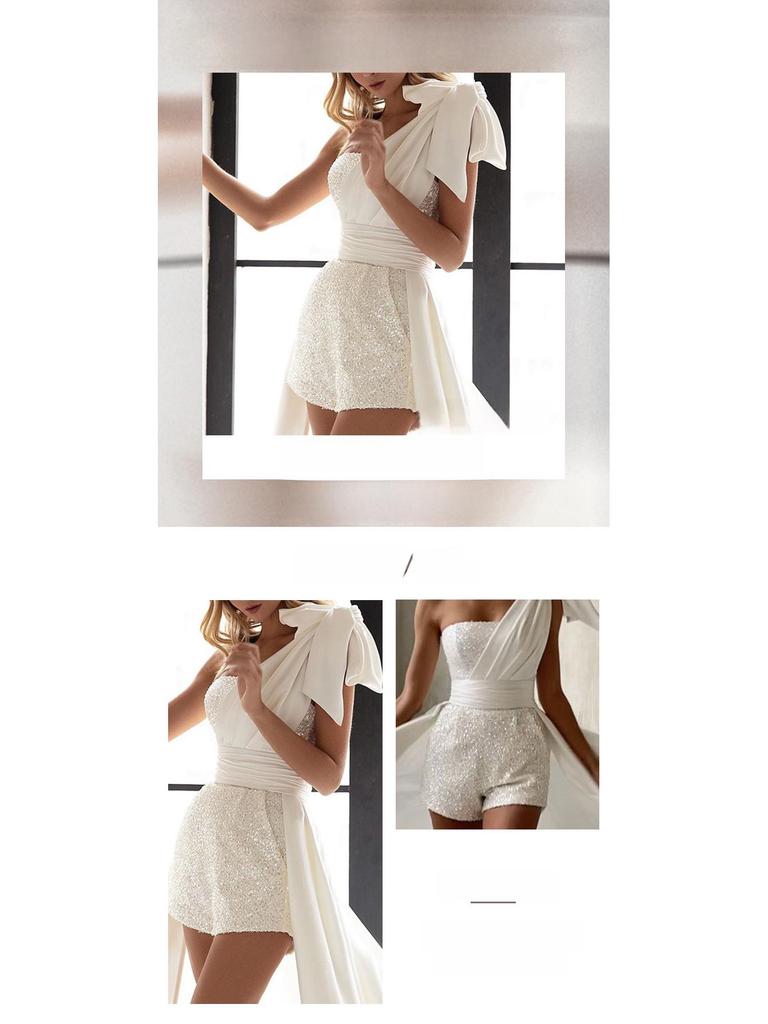 2025 Spring/Summer Women's Strapless White Sequin Mini Dress with Tie-Up Waist and Large Swing Skirt