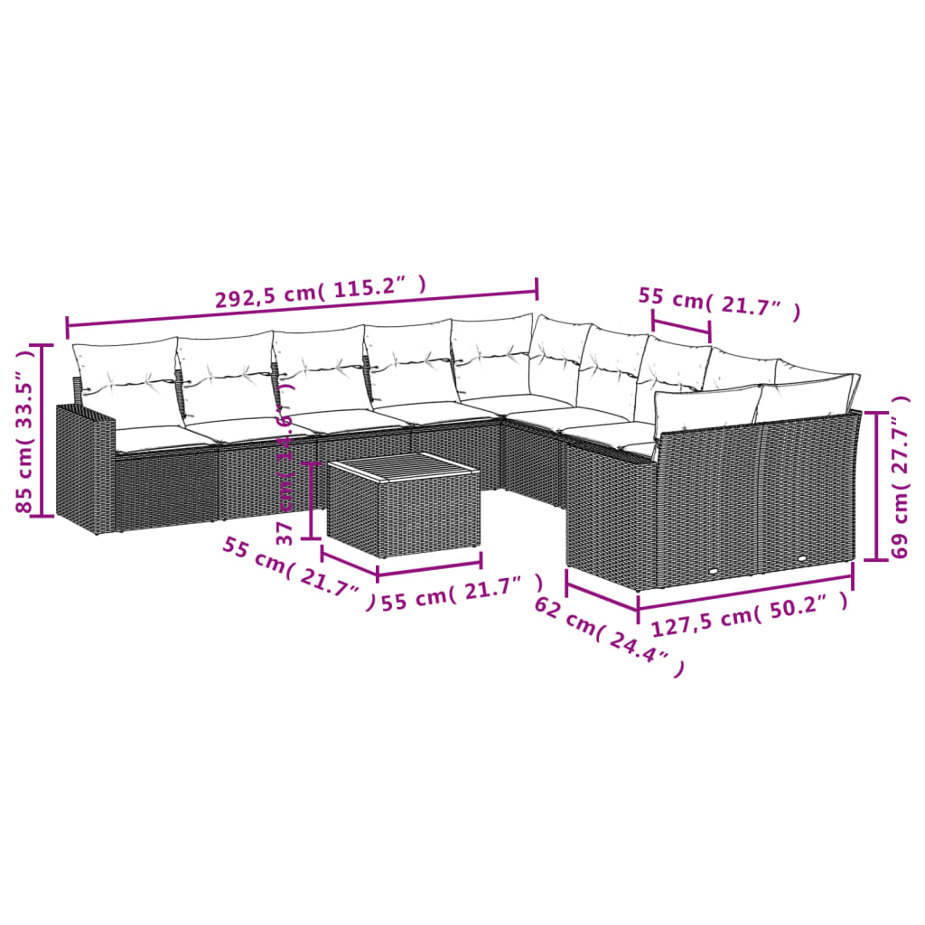 11 piece Garden Sofa Set with Cushions Grey Poly Rattan