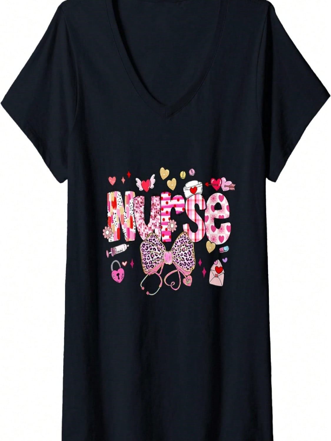 Wounisex Valentine Nurse Coquette Nurse Stethoscope Bow Valentines V-Neck T-Shirt S разноцветный