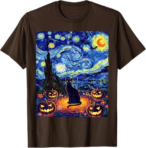Halloween Black Cat Van Gogh Starry Night Cat Costume Women TShirt Y2k Kitten Pumpkin Spooky Graphic Outfit Novelty Tee Gifts