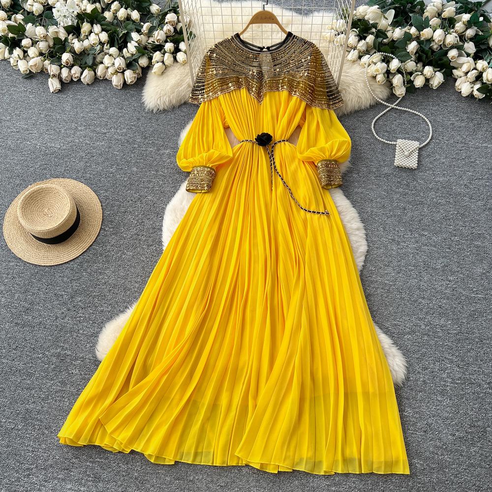 French heavy industry embroidered bead sequin mesh stitching lantern sleeve strap waist pleated dress women's high-end long dress