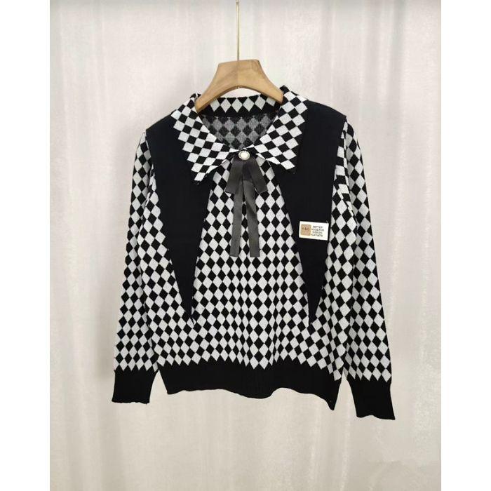 

Женский вязаный свитер с длинными рукавами и клетчатым узором, воротником поло, для осени и зимы, топ с цветными блоками one size чёрный