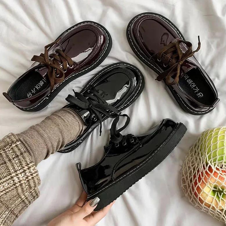 Lace-up JK Uniform Student Flat Bottom Round Head Small Leather Shoes Women's New British College Style Japanese Big Head Single Shoes