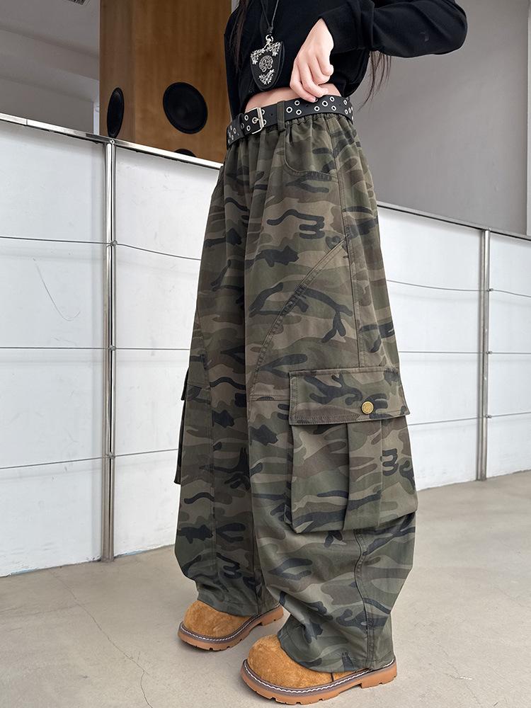 Autumn 2026 Girls' Camouflage Wide-Leg Overalls with Large Pockets