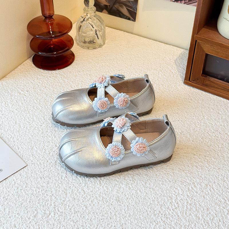 Girls Korean Flower Cross Strap Mary Jane Shoes Leather Casual Princess Shoes for Spring Autumn
