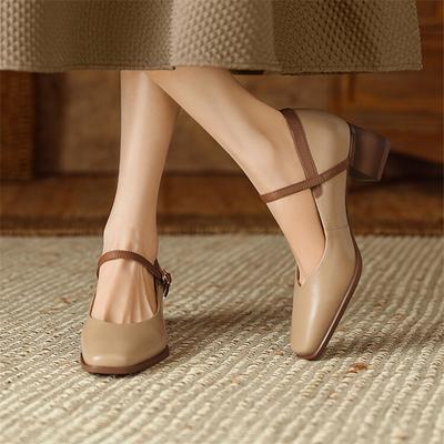 Mode Nya Äkta Läder Vintage Damskor Mode Fyrkantig Tå Pumps Klumpig Klack Vårskor Damer Zapatos De Mujer Mary Jane Skor