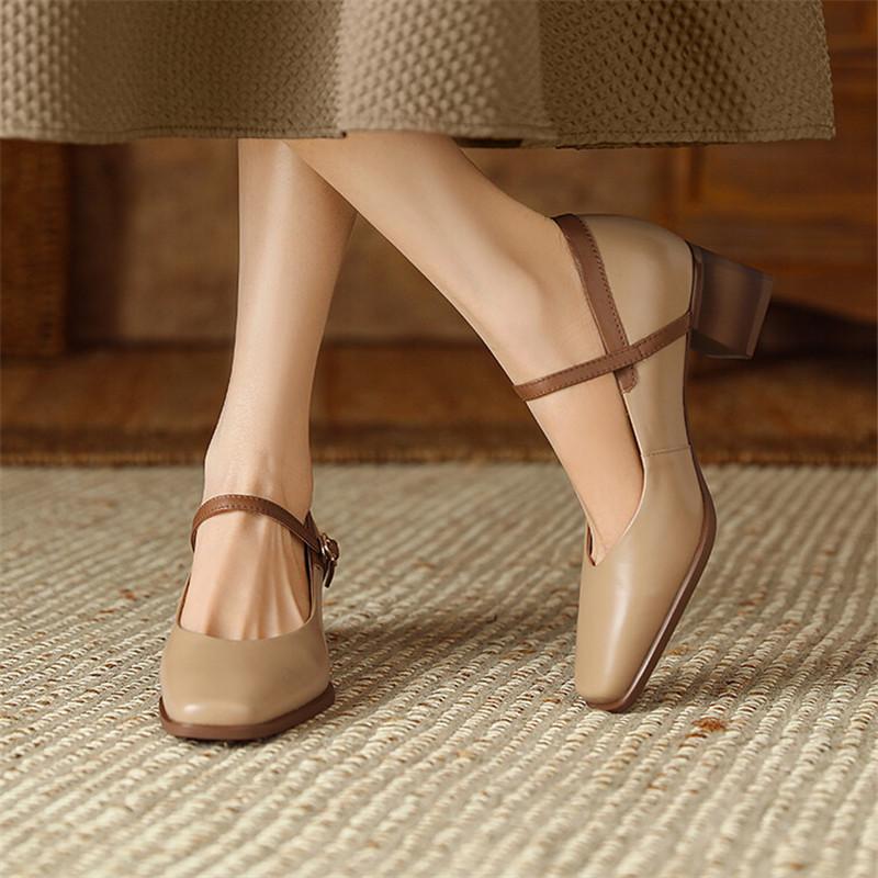 Fashion New Genuine Leather Vintage Women Shoes Fashion Square Toe Pumps Chunky Heel Spring Shoes Women Zapatos De Mujer Mary Jane Shoes