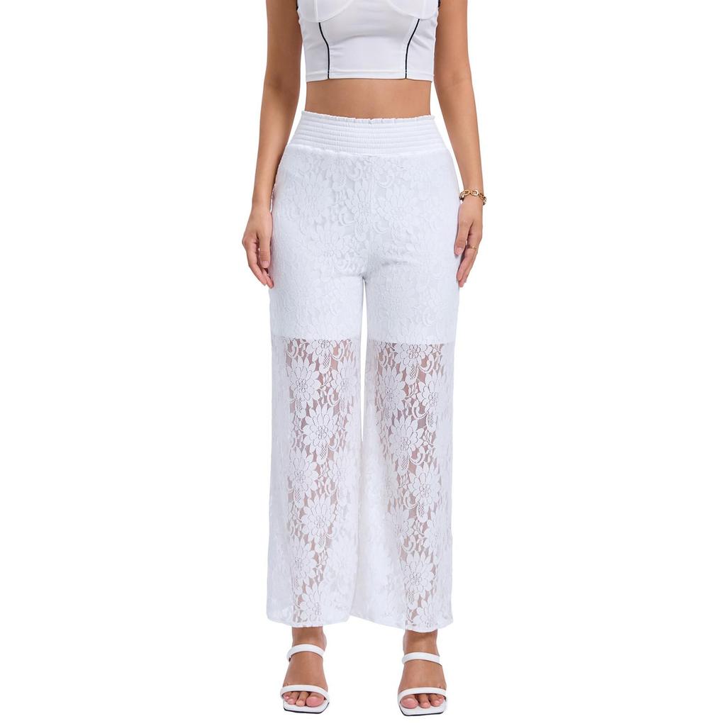 Wide Leg Pants For Women Summer Elastic High Waist Loose Hollow Hook Flower Lace Beach