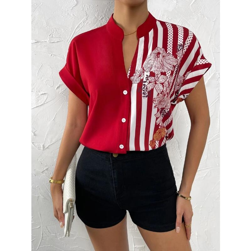 

2023 Women s Summer New Double Contrast Floral Button Cardigan Short Sleeve Shirt Women
