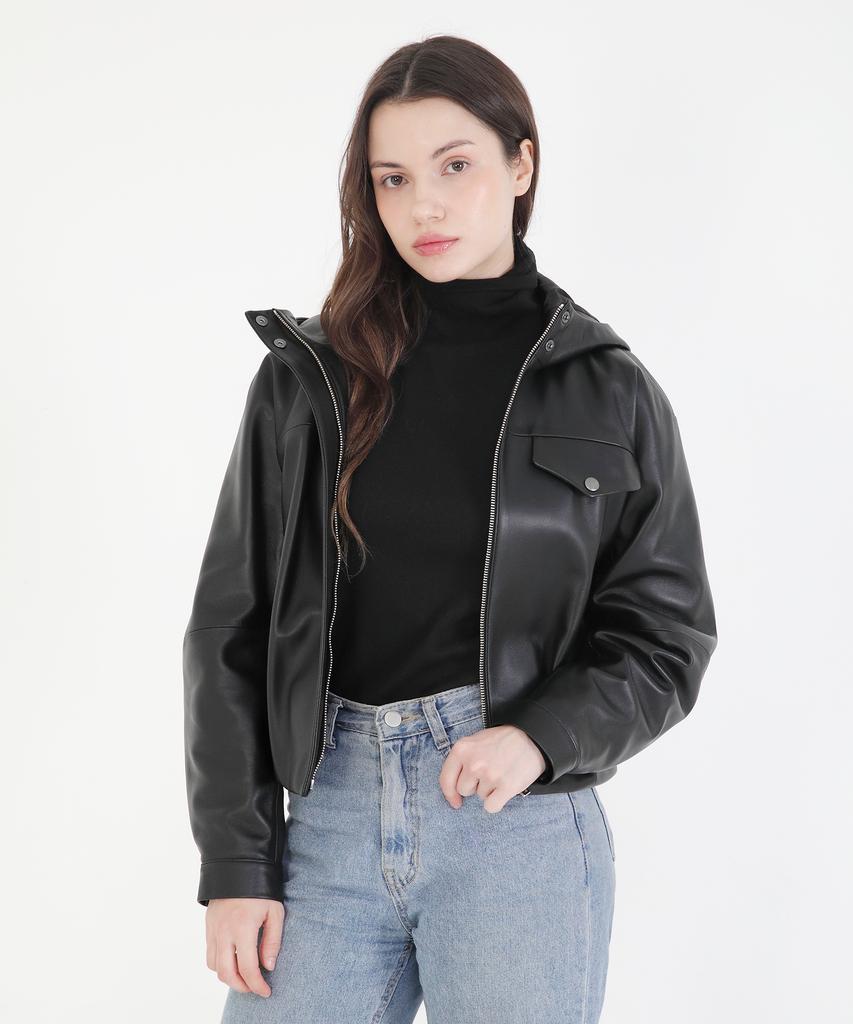 COLORZ NEW YORK Hooded Leather Crop Jacket_Bk