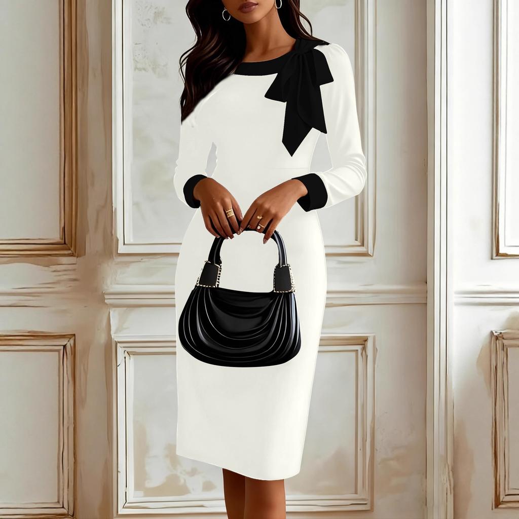 New, professional temperament Muse Fan bow hip-wrapped contrasting color workplace dress women