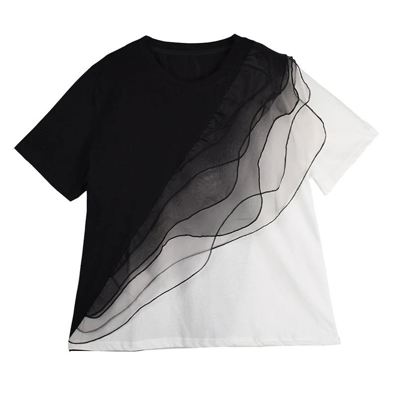 

XITAO Gauze Patchwork Contrast Color T-Shirt ZMY1265 One Size