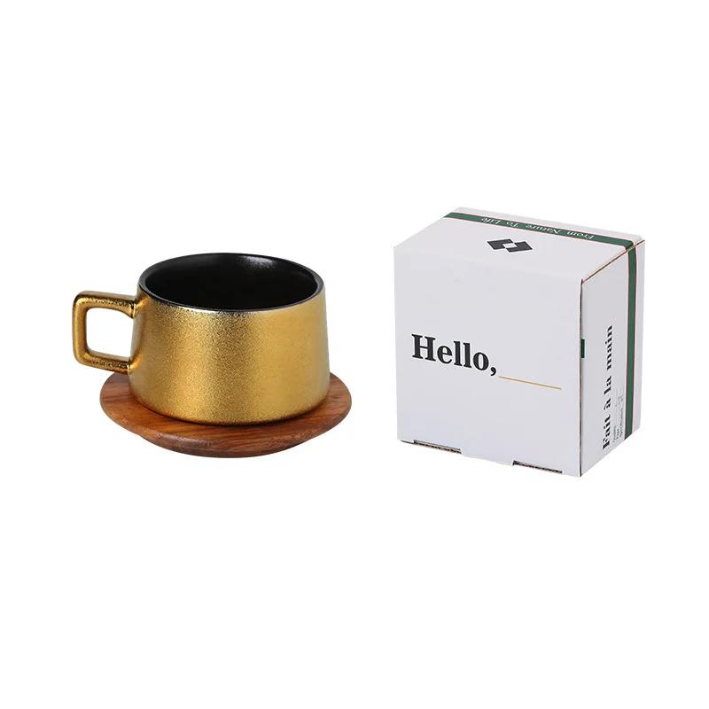 Luxurious Retro Gold Silver Coffee Cup and Saucer Ceramic Set Gift Box Gift Solid Wood Cup Coffee Mug Drinking Utensils 230ML