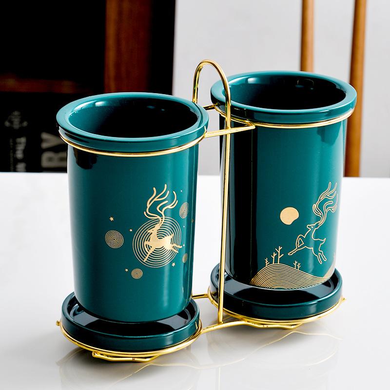 Gold Edged Ceramic Chopsticks Tube Household Kitchen Utensils Storage Chopsticks Cage Kitchen Double-layer Drain Chopstick Rack