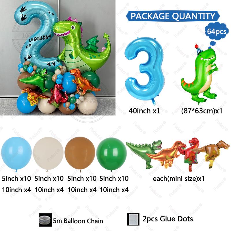 64pc/set Little Dinosaur Blue Series Digital Aluminum Film Balloon 1-9 Suitable for Birthday Party Anniversary Graduation Gift