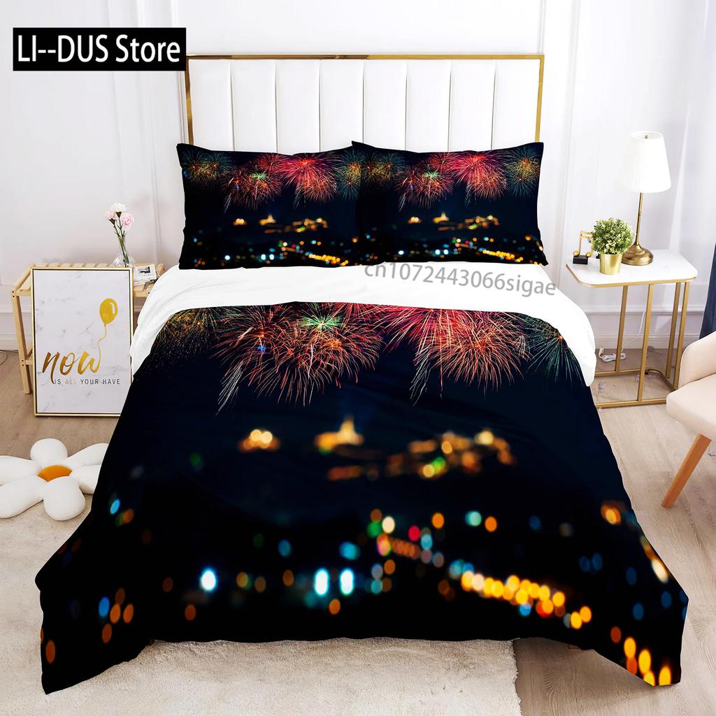 Colourful Fires Bedding Set Washed Cotton Firework Duvet Cover Queen Size Celebrate Merry Christmas Theme Soft Comforter Cover