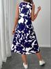 Standard Size Women's Blue & White Floral Sleeveless Vest Dress - Spring/Summer Loose Midi Skirt