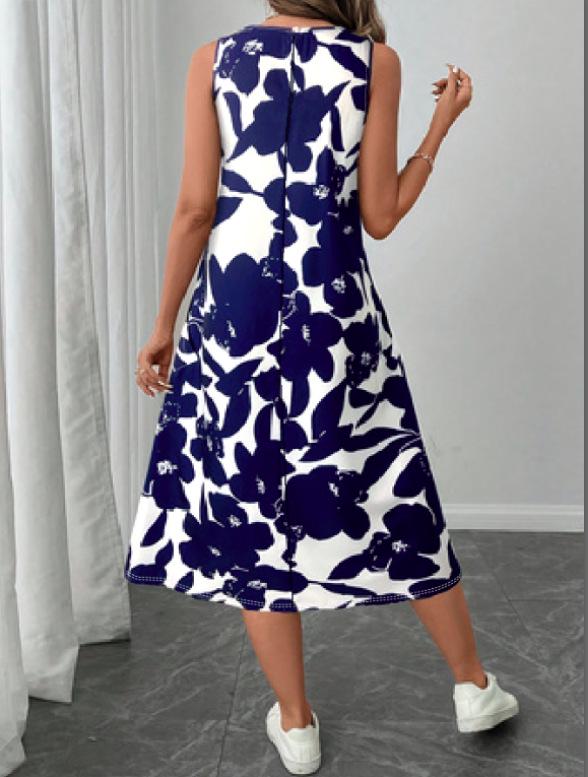 Standard Size Women's Blue & White Floral Sleeveless Vest Dress - Spring/Summer Loose Midi Skirt