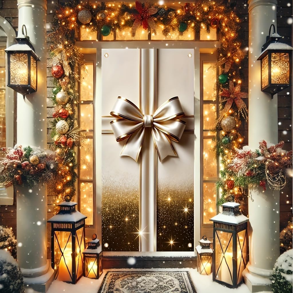 Door Cover Golden Gift Box Bow 71x35 Inch Decorative Holiday Front Door WrapChristmas Party Wedding Birthday Celebration Indoor Qutdoor Decoration