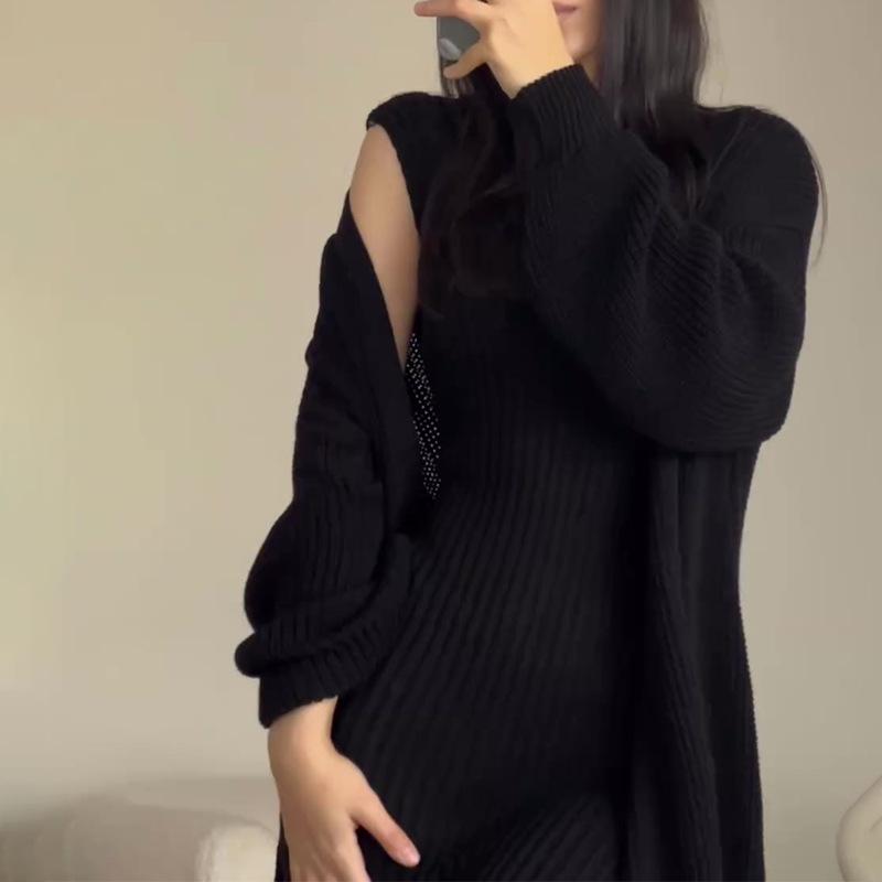 Russian Autumn/Winter Casual Round Neck Lazy Style Knitted Cardigan Set Dress