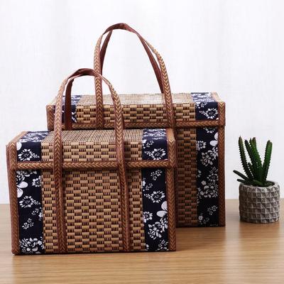 1ks Ručně vyráběný bambusový piknikový koš s držadly, Obdélníková skládací bambusová taška v retro stylu na svačiny a ovoce, Přenosný Tkaný