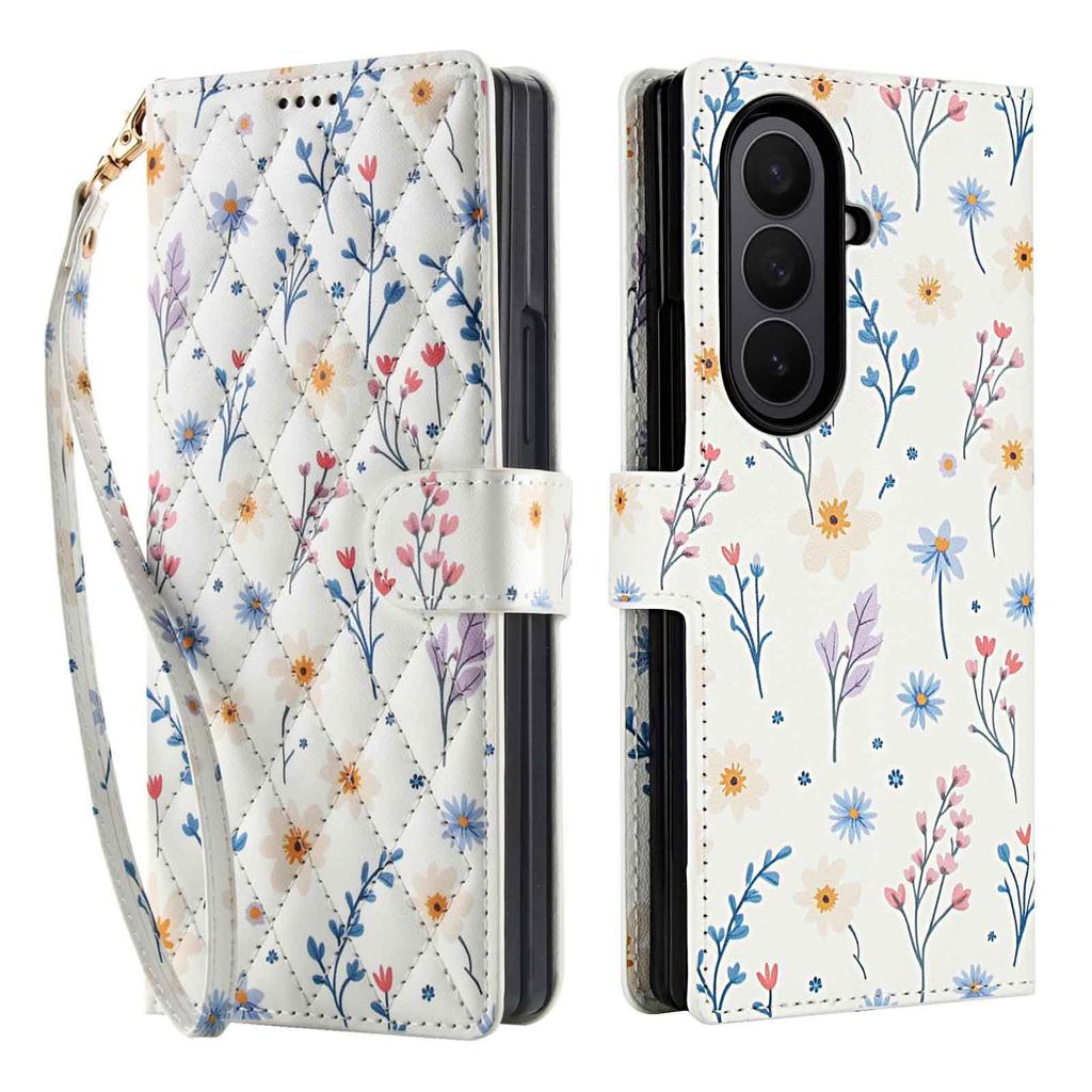 Applicable to Samsung Z Fold7Lanyard phone case with floral and checkered pattern leather cover Fold6/5/4Flip cover case