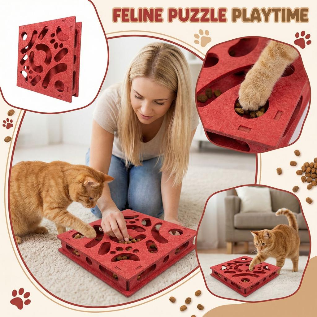 Interactive Cat Food Puzzle Toy Durable Felt Material Pet Treat Dispenser for Mental Stimulation and Slow Feeding Activity Board