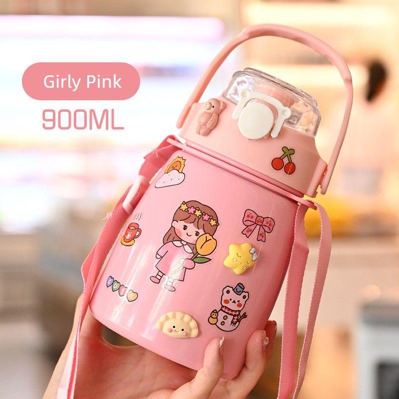 

Large Capacity Thermos Cup for Women, Double Drinking Straw, Children s Trendy High-Appearance 316 Food-Grade Bottle Pink 900ml Single Drinking Cup 304 Stainless Steel