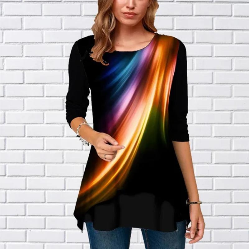 

Топы для женщин, красочный ослепительный светлый принт, круглый вырез, длинный рукав, футболка, осенний повседневный тонкий пуловер, женский топ с длинным рукавом