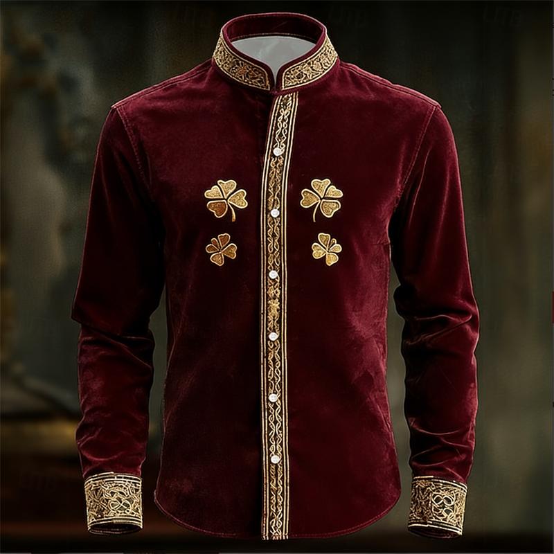 Camicia da Uomo Floreale a Maniche Lunghe con Stampa Trifoglio 3D Dorato Camicia a Maniche Lunghe alla Moda e Lussuosa