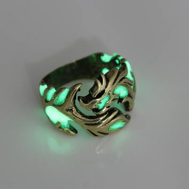 Punk Fashion Personality Luminous Dragon Rings Gothic Adjustable Men Rings Unique Boys Jewellery Vintage Halloween Wholesale
