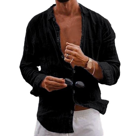 Men Lapel Long Sleeve Shirt Tops Pleated Thin Solid Color Single Breasted V-neck