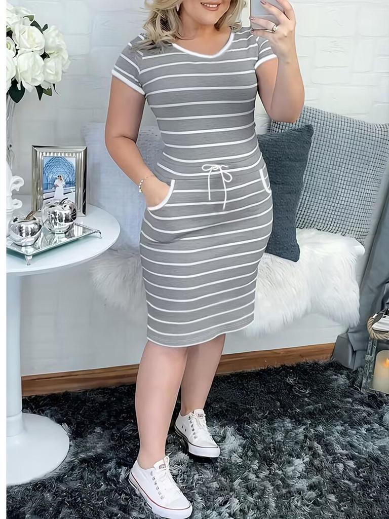 2026 Summer Commuter Belted Striped Plus Size Women's Dress