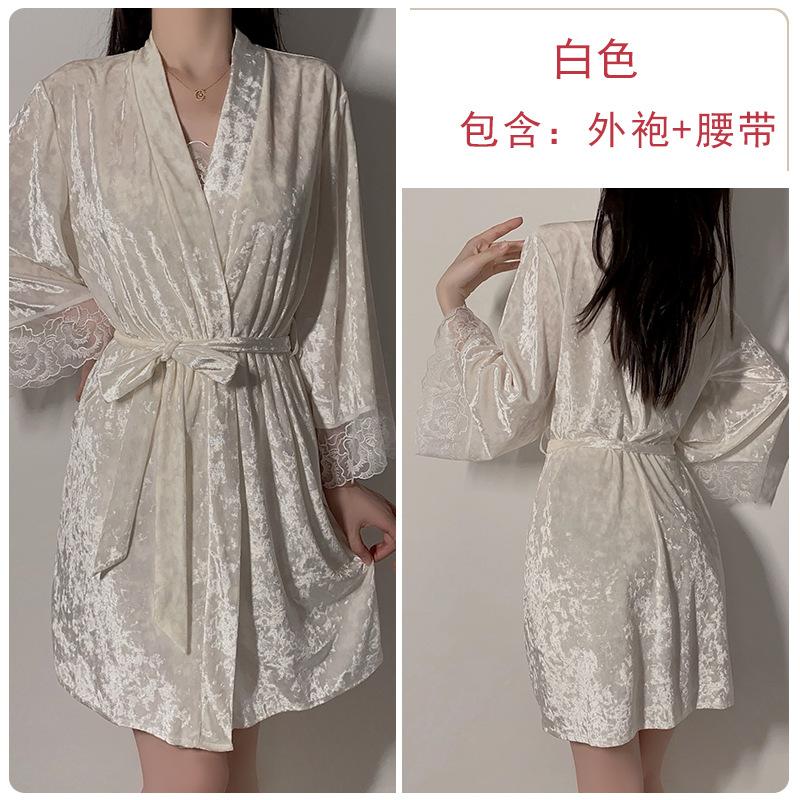 Women's Velvet Deep V Push Up Cami Sleep Dress with Robe Lounge Set