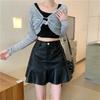 Damen High Waist Minirock mit Rüschen aus Kunstleder für Herbst Winter