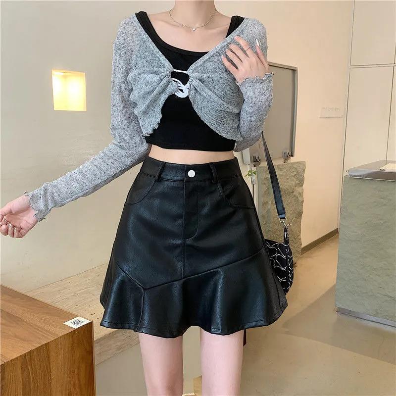 Fall Winter Women s High Waist Faux Leather Ruffled Mini Skirt S