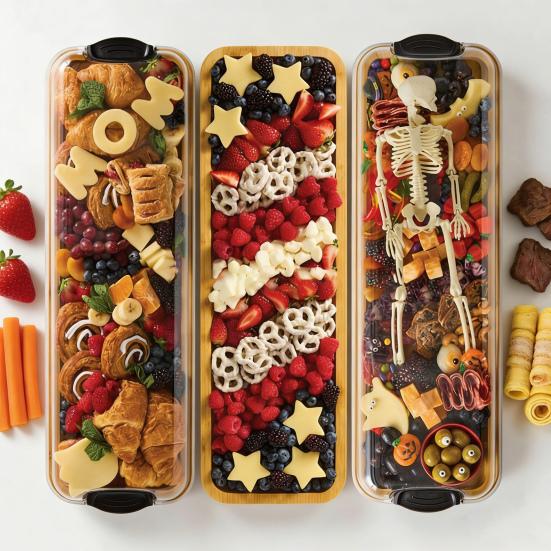 Bamboo Rectangular Cutting Board Tray with Clear Locking Lid Single Compartment Cheese Fruit Nuts Meats Picnics Parties Food Tray